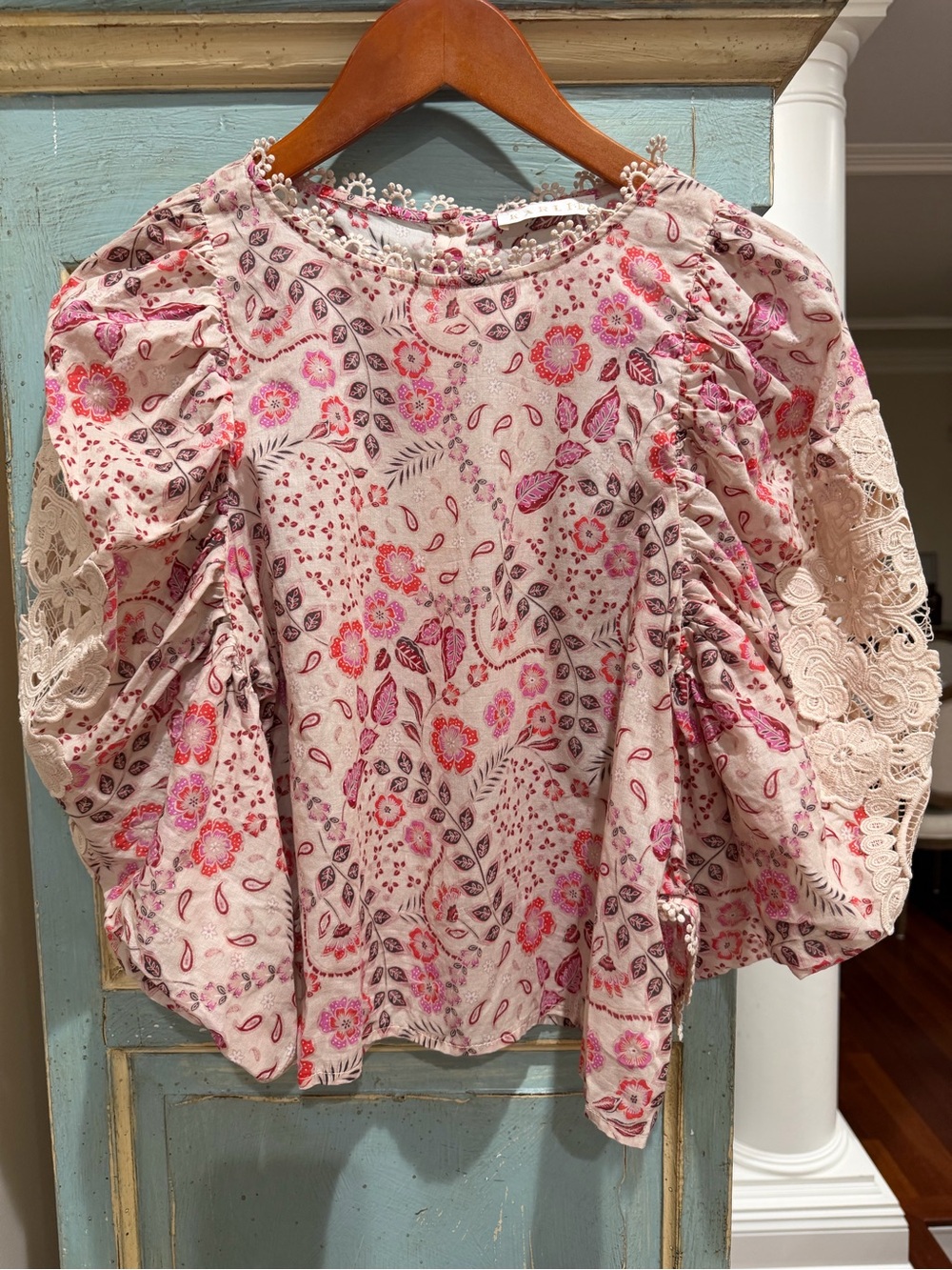 Karlie Boho Floral Paisley Lace Puff Sleeve Blouse M Pink - Picture 3 of 15